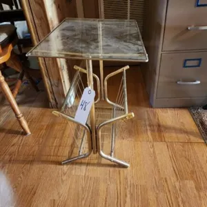 Vtg Glass top side table w/magazine rack