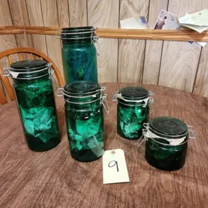 Vtg Green Glass Panel Canisters Qty 5