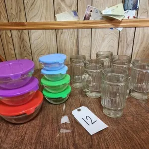 Glass Mugs Qty 6 & glass storage containers x7