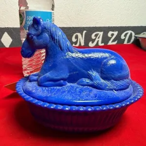 Jo St. Claire milk glass covered dish - Blue slag