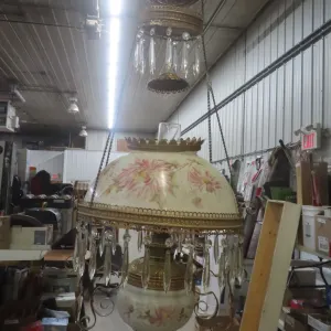 Victorian Hanging Parlor Lamp with Prisms and a Floral Hand 