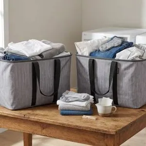 2 Gray Fabric Collapsible Storage Totes with Handles