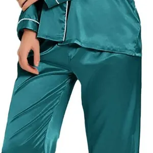 SWOMOG Womens Green Satin Silk Pajamas Long Sleeve Sleepwear Two Pieces Loungewear Button Down Pjs S