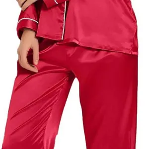 SWOMOG Womens Red Satin Silk Pajamas Long Sleeve Sleepwear Two Pieces Loungewear Button Down Pjs Set