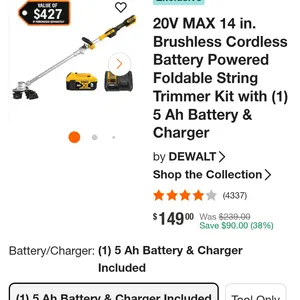 Dewalt 20V Max 14in Brushless and Cordless Battery Powered String Trimmer Kit (USED)