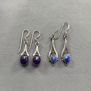 2 Pair Sterling Silver Earrings w Blue Cabachons