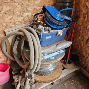 Pallet Lot : Heavy Cable; Sling; Snatch Block; Hose Reel; Tire Chain Tool; etc