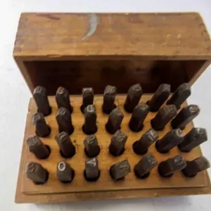 Vintage Letter Punch Stamp Set Wood Display Case