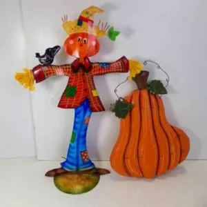 Wood Pumpkin Wall Hanging & Metal Jack O'Lantern