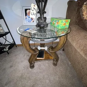 Pair Glass Topped End Tables 26"Dia