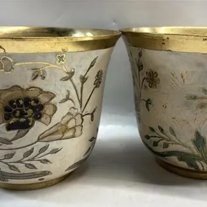 Vintage Brass & Enamel Flower Pot Pair