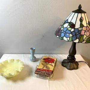 Tiffany-Style and Fenton Shelf Decorations