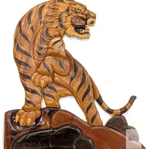 Handcrafted Intarsia Wood Tiger Wall Hanging, 15.5"x14", Multi-Hardwood, 3D Relief Wildlife Art