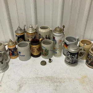 German Stoneware Steins and Mugs, a Few are Glass 