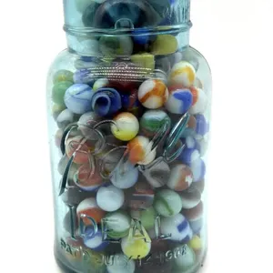 Marbles in Vintage Ball Ideal Blue Glass Jar