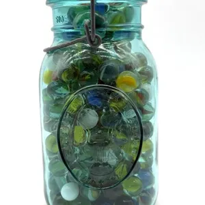 Marbles in Lidded Blue Glass America Bicentennial