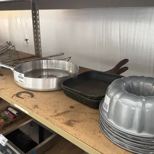 Assorted Metal Cookware Including Saute Pan, Grill Pans, Baking Pans, and Fry Basket