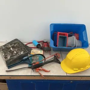 Hose clamps, shelf brackets, strap wrench, scraper, hardhat, miscellaneous containers etc.