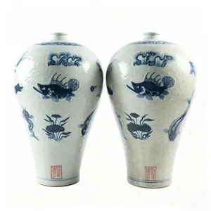 PAIR OF BLUE AND WHITE FISH AND LOTUS MEIPING VASE