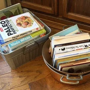 Cookbooks, (2) Copper Pots, and Metal Square