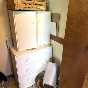 Wood Dresser, Faux Wood Cabinet, Buckets, and