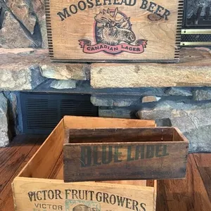 Moosehead Beer Crate, Blue Label Wood Cheese Box,