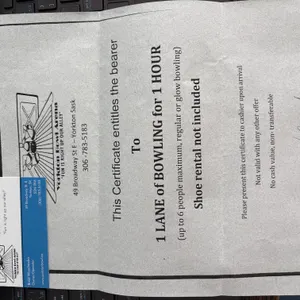 Certificate For 1hr Bowling From Yorkton Bowl Arena