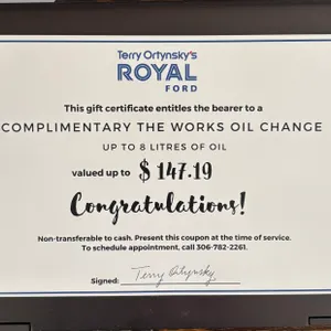 Complimentary Oil Change Valued Up To $147.19 From Royal Ford Yorkton