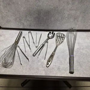 (5) Stainless Steel Pom Tongs, (2) Assorted Whisksm, (2) Assorted Kitchen Utensils