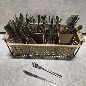 (60) Windsor Style Dinner Knives, (60) Windsor Style Forks, (1) Traex 8 Compartment Flatware Dish...