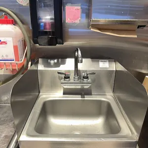 Stainless steel sink 17.5” wide, soap dispenser, and hand towel dispenser ￼