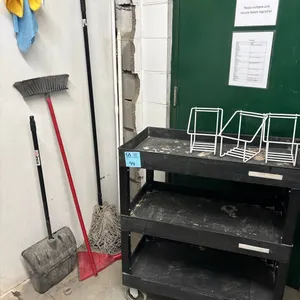 Cart (1 wheel needs repair), broom, dustpan, mop, 3 wall mounted organizers