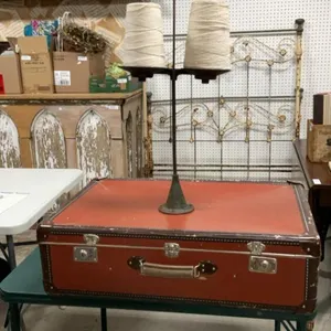 ANTIQUE CARDBOARD SUITCASE & DUAL CAST STRING HOLDER