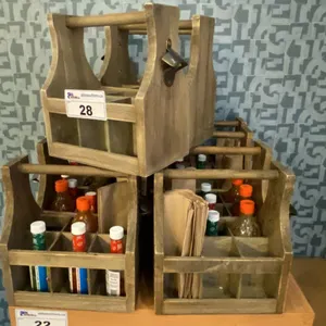 GROUP OF 11 WOODEN RESTAURANT CONDIMENT HOLDERS