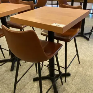 SMALL COUNTER HEIGHT BAR/BISTRO TABLE WITH 2 BROWN LEATHER UPHOLSTERED CHAIRS -