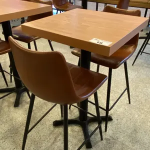 SMALL COUNTER HEIGHT BAR/BISTRO TABLE WITH 2 BROWN LEATHER UPHOLSTERED CHAIRS -