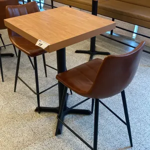 SMALL COUNTER HEIGHT BAR/BISTRO TABLE WITH 2 BROWN LEATHER UPHOLSTERED CHAIRS -