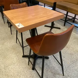 SMALL COUNTER HEIGHT BAR/BISTRO TABLE WITH 2 BROWN LEATHER UPHOLSTERED CHAIRS -