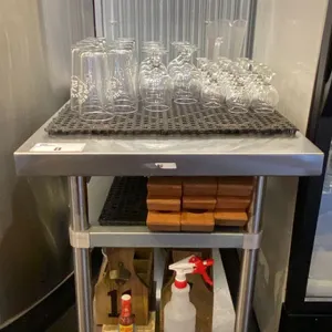 EFI STAINLESS STEEL PREP TABLE AND CONTENTS - APPROX. 3FT ACROSS X 2FT WIDE X 3FT HIGH