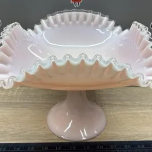 Unmarked Pink/Clear Ruffled Pedestal Dish. 9.5”W