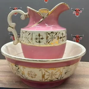 Antique Wash Basin & Pitcher Set. Some Gold Loss.