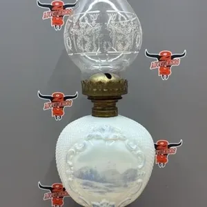 Antique Milk Glass Oil Lamp w/Blue Delft Style