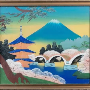 SIGNED MOUNT FUJI WITH PAGODA AND BRIDGE PAINTING
