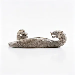 CHINESE CARVED STONE DRAGON INKWELL AND SEAL SET