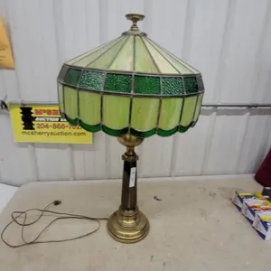 Tiffany-Style Stained Glass Table Lamp with Brass Base, Green/Yellow Shade