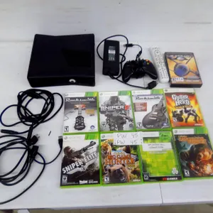 Xbox 360 S Console with Controller, Media Remote, Power Supply, Cables & 8 Games