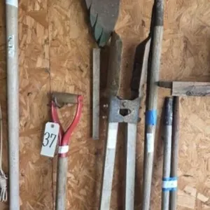 2 Hoes, Post Hole Digger, Wooden Duck, Sm. Shovel