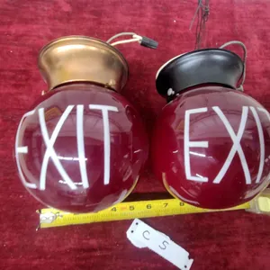 Pair of Vintage Ruby Red Glass Globe EXIT Sign Lights with Metal Fittings, Approx 6" Diameter
