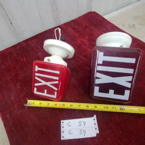Pair of Vintage Glass Exit Signs with White Porcelain Ceiling Mount Fixtures, Approx. 5 x 6" Each