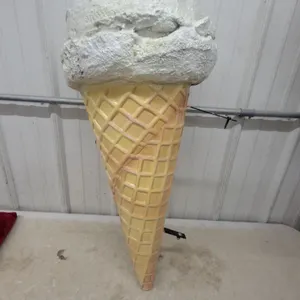 Large Fiberglass Ice Cream Cone Display Sign with Vanilla Scoop, Wall-Mount Bracket Flange Style